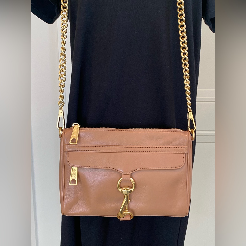 Rebecca Minkoff Mini Mac Desert Tan Leather Crossbody Bag With Gold Chain Strap